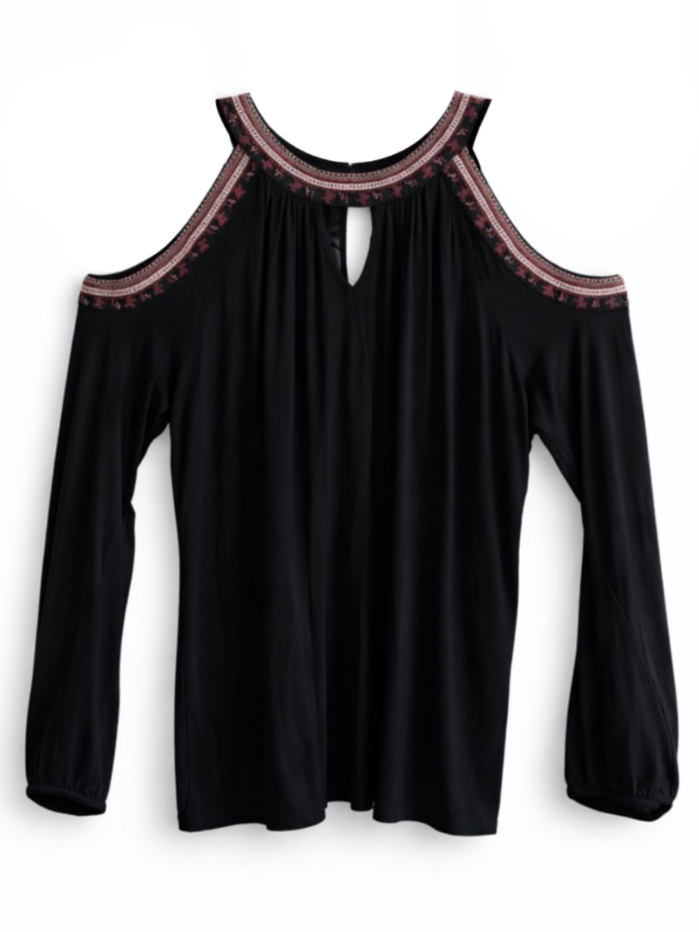 Maurices Black Cold Shoulder Top with Red & Gold Embroidery – Size XL GUC